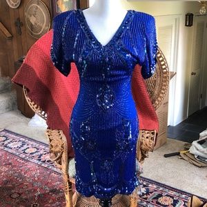 GIFTED- Vintage Swee Lo Blue Silk Beaded Dress -Holiday!